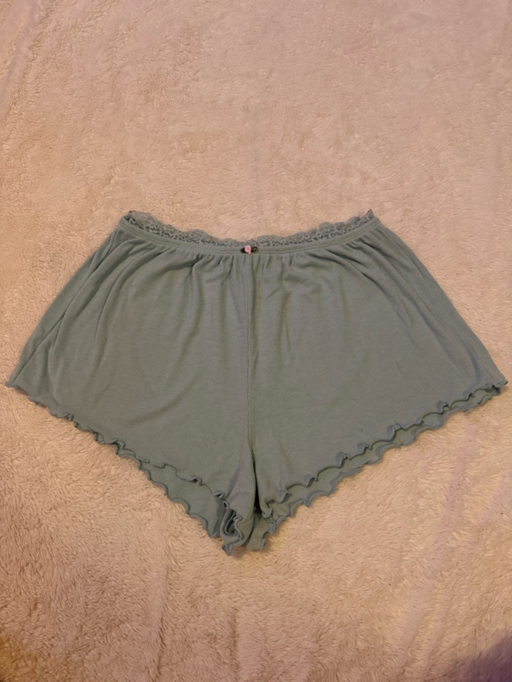 No Boundaries Sage Green Ribbed Lounge Shorts with Lace Trim